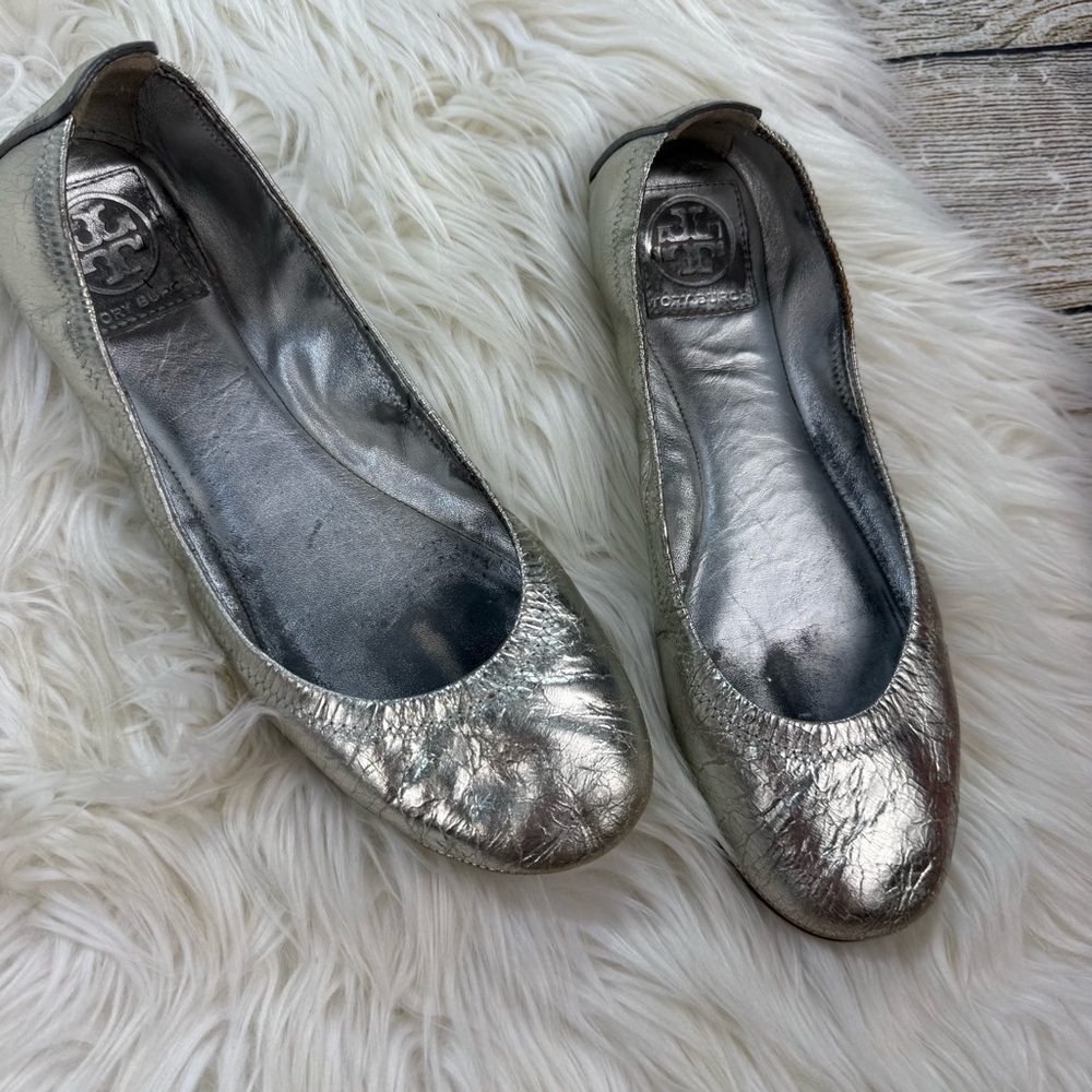 Tory Burch Eddie Metal Crac Leather Ballet Flats size 8.5